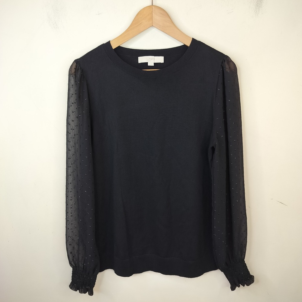 LOFT Sheer Sleeve Sweater Medium Swiss Dot Chiffon Elastic Cuff Black Wool Blend